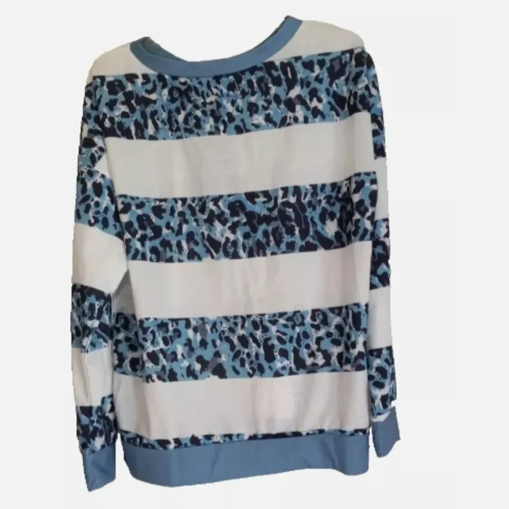 Long Sleeve T-shirt  Sz L  NEW Crew Neck Casual Blouse 1/4 zip blue/white Women - Picture 2 of 13